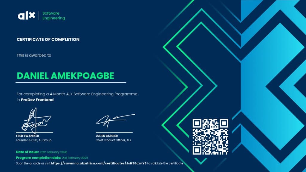 ALX Software Engineering Programme — ProDev Frontend (4 months) certificate