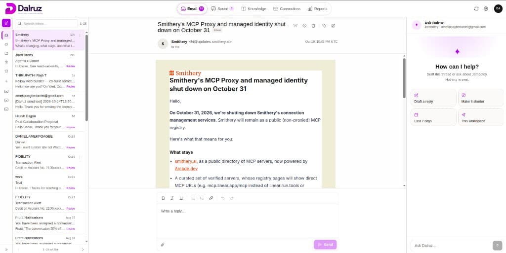 Dalruz inbox with a live email thread and Ask Dalruz drafting in the sidebar